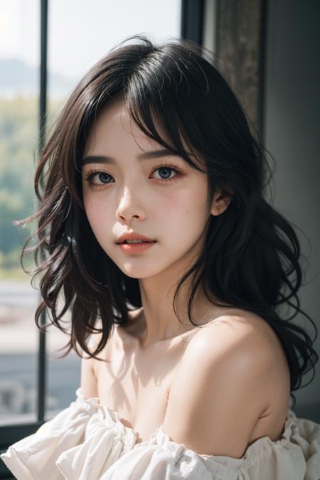 19844-1698229406-film portrait photography, 1girl, bare shoulders, wavy shoulder-length hair, serene, calm, (realistic detailed eyes, natural ski.png